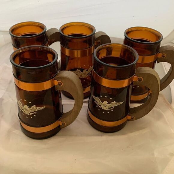 Vintage Siesta Ware Amber Glass Patriotic Eagle Wooden Handle Mug Stein Set of 5 - Picture 6 of 10